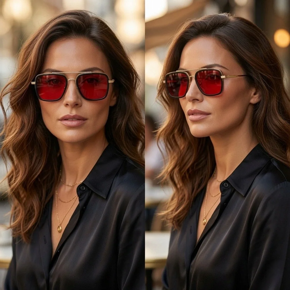 Square Women Sunglasses Red Tinted Lens Gold Black Frame‎ Oversized UV400 Lentes
